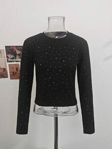 Sexy Hot Girl Fashion Rhinestone Long Sleeve Round Neck T-Shirt Women Autumn Winter Slim Fit Base Layer Top - Black - View 9