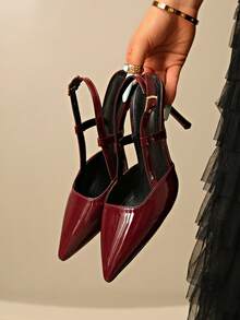 Women's All-Season Solid Color Fashion Sexy Party Pointed Toe Stiletto High Heel Sandals With Back Strap, Burgundy - Burgundy - View 1