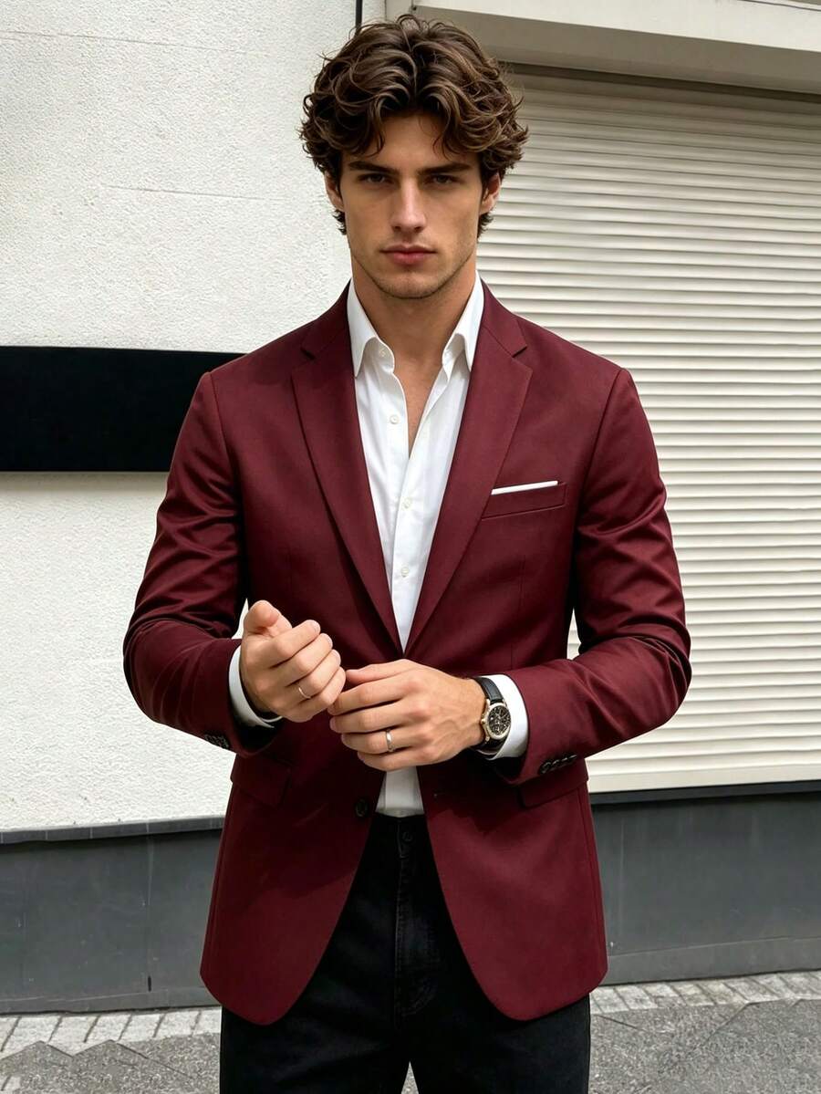 Men's Casual Blazer, Men's Business Formal Suit, Solid Color All-Season Regular Fit, Suitable For Formal Occasions - Burgundy - View 1