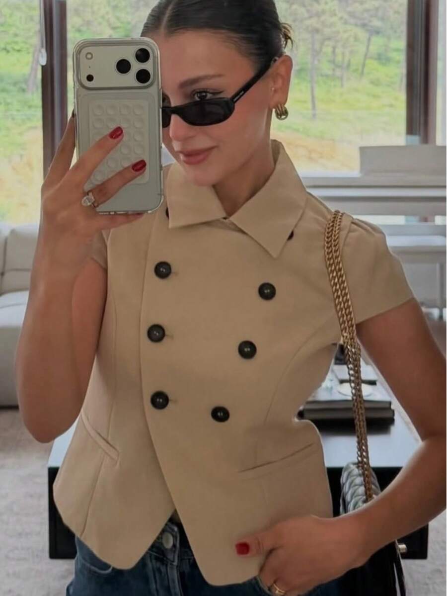 Liorin Autumn New Women's European And American Style Fashion Minimalist Versatile Double-Breasted Short Sleeve Jacket - Khaki - View 1