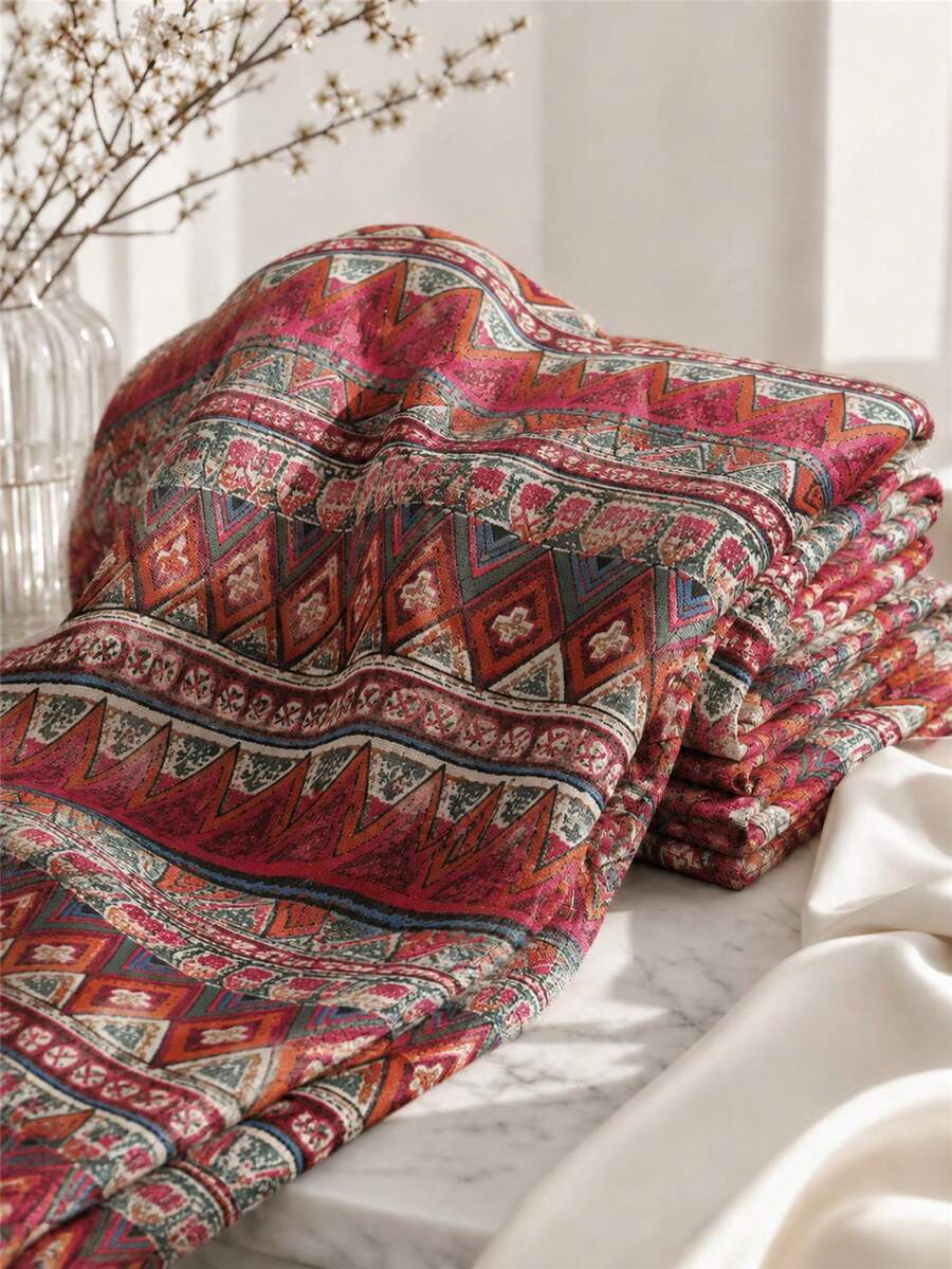 One Piece In A Bohemian Geometric Print Linen Blend, Featuring A Vintage Striped Diamond Pattern Woven Fabric With A Breathable Texture. Suitable For Casual Dresses, Skirts, Tablecloths, Throw Pillowcases, And Hand-Sewing Projects. - Multicolor - View 1