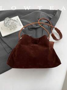 low tea 1pc Minimalist Fashion Suede Bucket Crossbody Bag, Suitable For Commuting, Shopping, Etc. (With Pendant) - Coffee - View 5