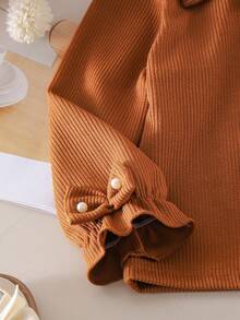 2pcs/Set Girls Toddler Casual Minimalist Bow Brown Long Sleeve Top & Flared Pants Outfit, Spring/Autumn - Brown - View 4