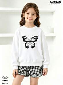 Girls Casual Cute Butterfly Print Loose Fit Long Sleeve Crew Neck Pullover Hoodie For Spring Autumn Outdoor Play - White - View 3
