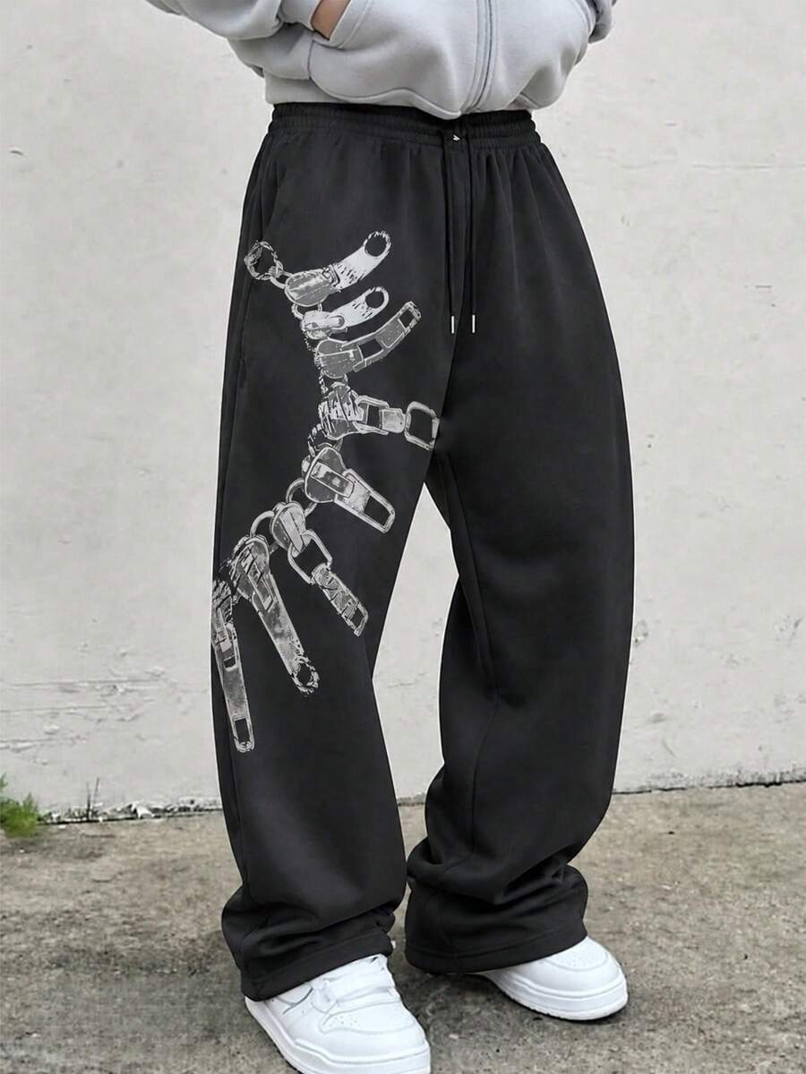 FRACTYR Men's Streetwear Skull Hand Bone Chain Print Drawstring Elastic Waist Wide Leg Sweatpants, Street Fashion Dark High Street Style Breathable Double-Sided Design Loose Print Long Pants - Black - View 1