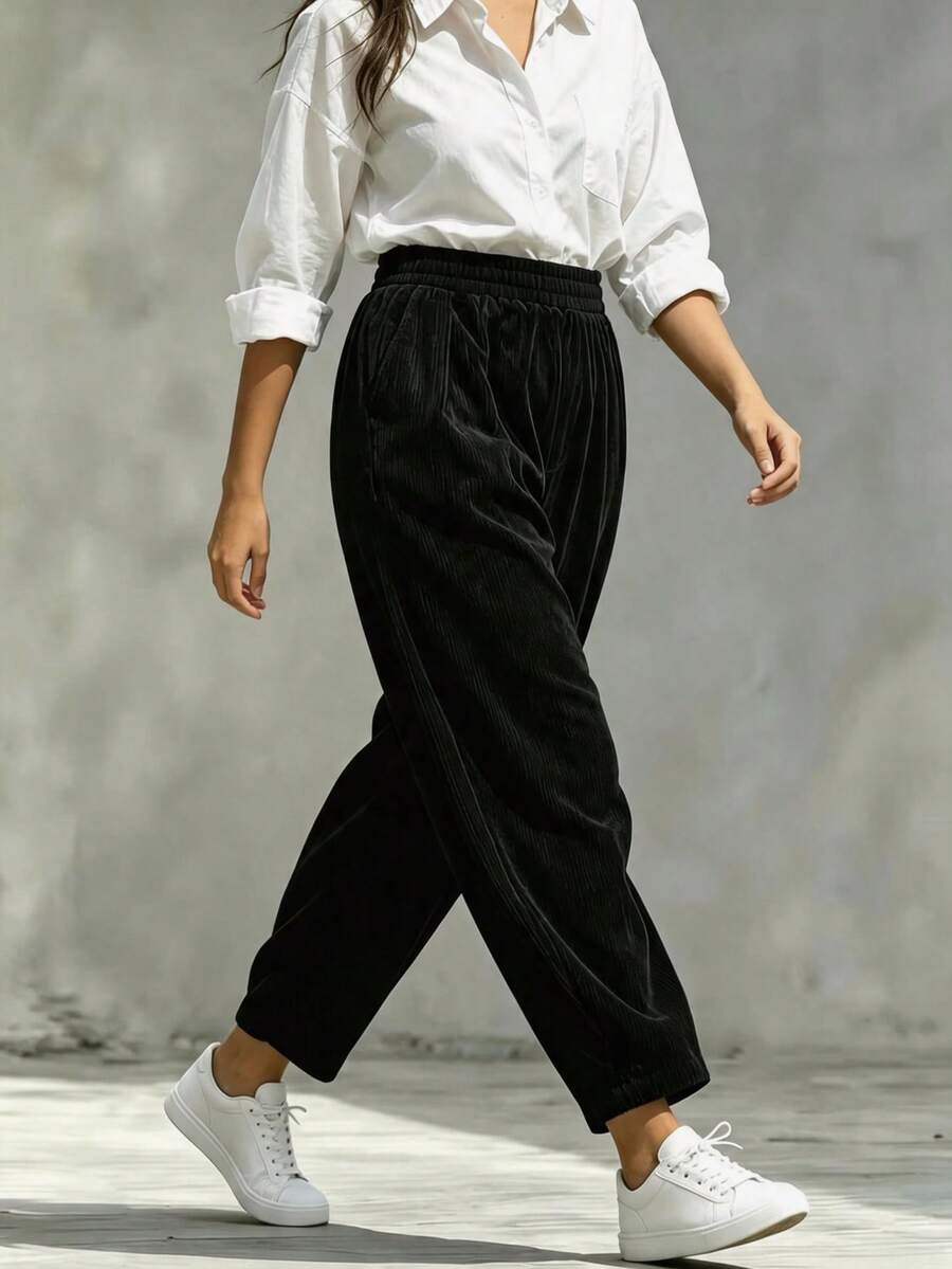 Women's Corduroy Cropped Joggers, Casual Loose Fit, Elastic Waistband With Pockets, Slightly Stretchy Autumn Loungewear - Black - View 1