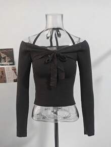 Pure Desire Style Bow Tie Halter Neck Design Long Sleeve T-Shirt Women Autumn Slim Fit Base Layer Slimming Sexy Top - Grey - View 7