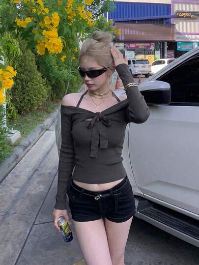 Pure Desire Style Bow Tie Halter Neck Design Long Sleeve T-Shirt Women Autumn Slim Fit Base Layer Slimming Sexy Top