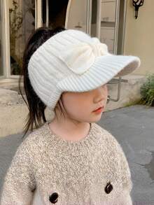 Children's Knitted Plush Letter Embroidered Short Brim Sun Hat, Unisex Warm Ear Protection Cap - Open-top Bow Knit - View 4