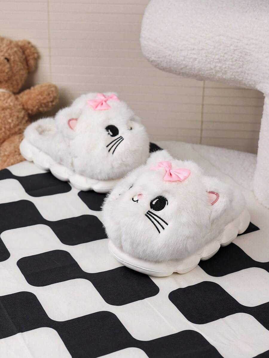 1 Pair Girls Comfortable Fashionable Lightweight Cute Kitten Plush Lined Slippers, Autumn/Winter - White - View 1