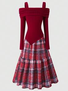Tween Girl Vintage Sweet Style 2 Pieces Set, Off-Shoulder Ribbed Knit Long Sleeve Top With Elastic Waist Plaid Tiered Long Skirt, Fashionable Casual Outfit For Daily Wear - Burgundy - View 4