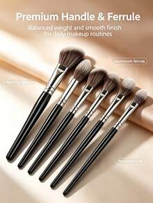Professional 6pcs Face & Eye Makeup Brush Set, Soft Synthetic Bristle Makeup Brushes, Suitable For Foundation, Blush, Contour, Highlighter, Eyeshadow, Daily Makeup Tools - Black - View 3