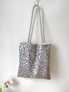 Back To School Leopard Print Korean Ins Style Canvas Tote Bag, Large Capacity Colorblock Handbag, Versatile Shoulder Bag For College Students, Campus Use - Silver - View 8