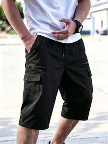 1pc Men's Sports Minimalist Style Multi-Pocket Zipper Drawstring Loose Casual Capri Length Shorts - Black - View 1