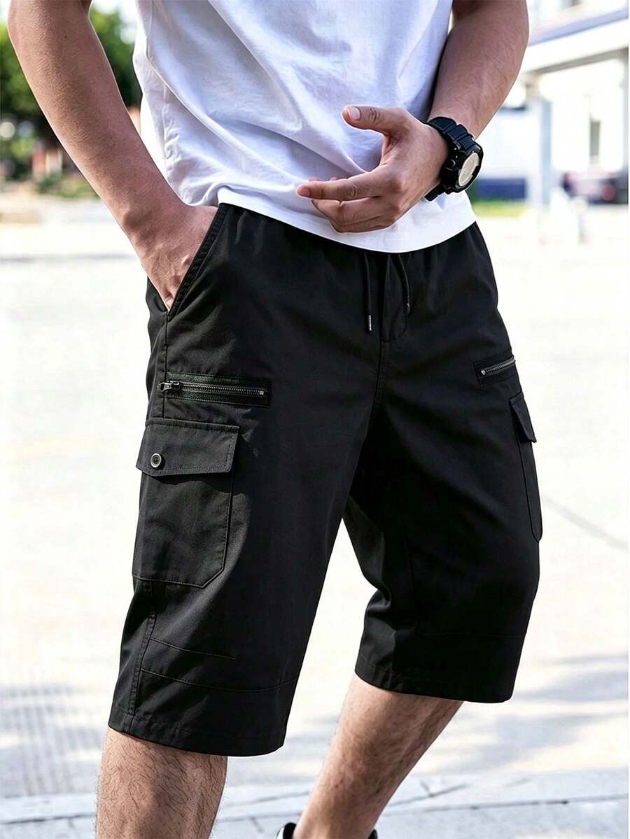 1pc Men's Sports Minimalist Style Multi-Pocket Zipper Drawstring Loose Casual Capri Length Shorts - Black - View 1