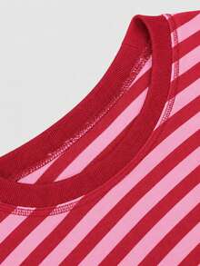 Women's Casual Top, Striped Contrast Ribbed Knit, Everyday Wear, Spring/Autumn - Rose Red - View 6