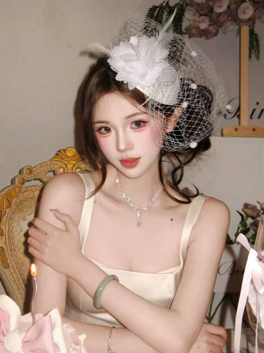 French Vintage Mesh Feather Mini Fascinator, White Flower Pearl Veil Headband, Birthday Photography Bridal Party Hair Accessory - A - View 1
