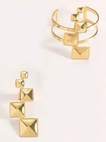 2pcs/Set European And American Style Geometric Square Bangles, Luxury Minimalist Elegant Bracelet Set - Gold - View 4