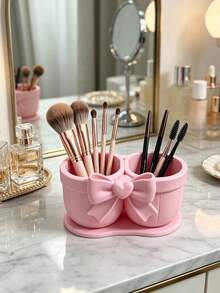 Bowknot Dual-Compartment Makeup Brush & Lipstick Storage Holder, INS Style Makeup Tool Organizer, Large Capacity Multifunctional High-Aesthetic Vanity Desktop Organizer - View 6