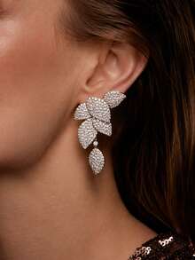 1 Pair Elegant Women's Rhinestone Leaf Dangle Earrings, Suitable For Wedding, Ball, Formal Banquet, Heavy Embellished - Rhinestones - View 1