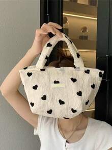 Sweet Heart Print Handbag With Ruched Texture, Casual Hand-Carry Bag For Autumn/Winter Daily Outings, Versatile Girl's Small Bag - White - View 11