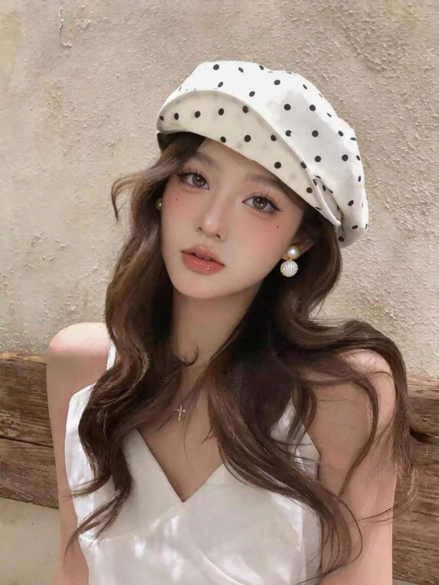 1 buah Topi Beret Awan Bermotif Polkadot Gaya Jepang, Lingkar Kepala Besar, Topi Segi Delapan yang Melangsingkan Wajah, Topi Pelukis Artistik Serbaguna - Baret motif polkadot - View 1
