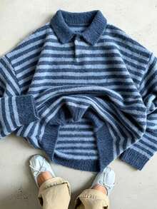 Women's Autumn/Winter New Loose Striped Preppy Style Pullover Polo Knit Sweater - Blue - View 2
