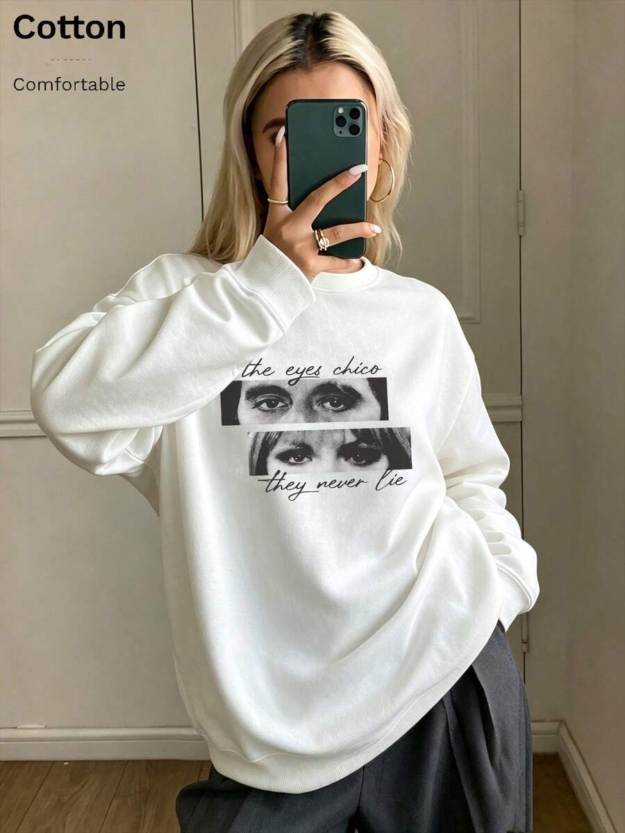 Oversized Women's Sweatshirt For Autumn/Winter, Casual Daily Wear, Long Sleeve Hoodie, Outerwear Top, Y2K, Letter Slogan Graphic, Unisex, Streetwear - White - View 1