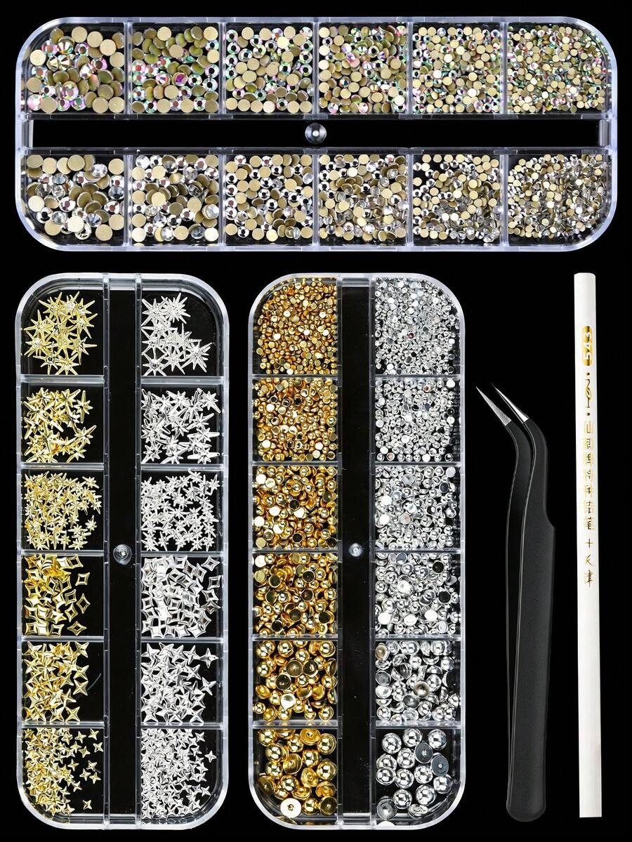 3 Boxes Metal Nail Art Decoration Studs Set, Gold & Silver Star, Snowflake & Square Nail Charms, Mixed Size Flat Back Rhinestones, With Rhinestone Picker Pen And Tweezers, DIY Nail Art Accessories, Suitable For Home And Nail Salon Beginners - Multicolor - View 1