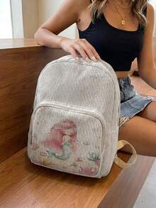 1 Piece Backpack, Women's Mini Backpack, Corduroy Girl School Bag, Travel Storage Bag, Mermaid Printed Design, Large‑Capacity Foldable Easy‑To‑Store Bag, Lightweight & Pressure‑Relieving, Multi‑Pocket Layered Design With Zipper Closure - Pink-haired Mermaid 22730 - View 4