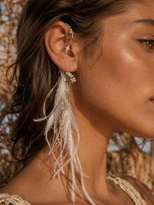 outingfit 1pc Women's Feather Tassel Earrings, Bohemian Style Rhinestone Star Earrings, Exotic Party Evening Accessory - Right Ear - View 1