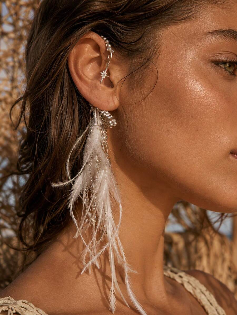 outingfit 1pc Women's Feather Tassel Earrings, Bohemian Style Rhinestone Star Earrings, Exotic Party Evening Accessory - Right Ear - View 1