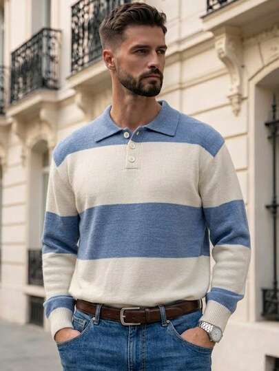 Ny efterår/vinter unisex casual cropped striktrøje med farveblok, polokrave og lange ærmer i pendlings- og skolestil