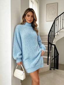 Women's High Neck Solid Color Lantern Sleeve Loose Knit Dress, French Elegant Style, Soft And Comfortable For Autumn/Winter, 2026 Fashion New Arrival - Baby Blue - View 6