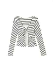 White With Black Stripes 2 In 1 Long Sleeve T-Shirt, Korean Style Slim Fit High-End Flattering Short Top - White - View 11