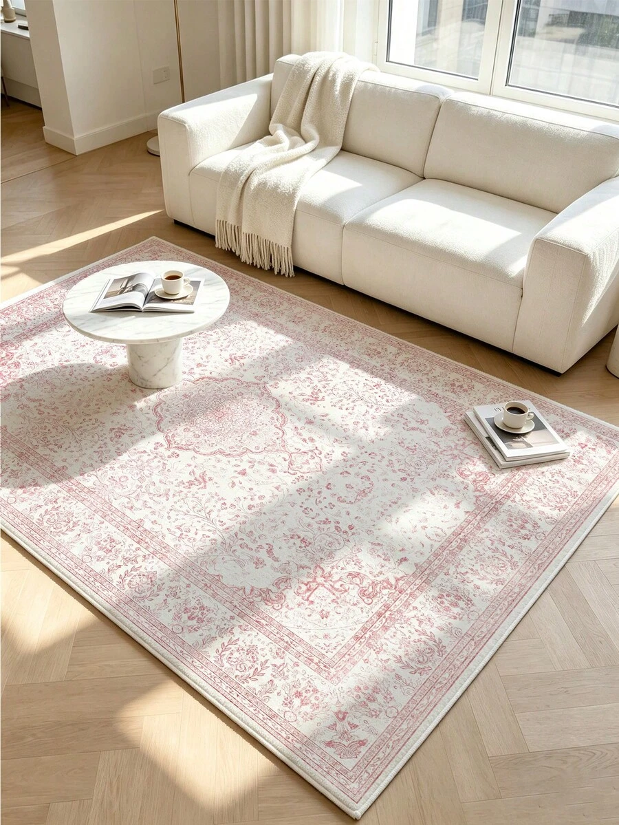 1pc Pink Bohemian Vintage Living Room Rug, Suitable For Kitchen, Dining Room, Bedroom, Room Holiday Decor, Indoor/Outdoor, Office, Lobby, Non-Slip Doormat, Bathroom Rug, Hallway, Study Gaming Area Carpet