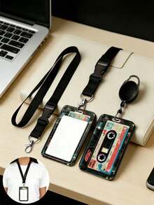Vintage Cassette Tape Design ID Card Holder With Anti-Loss Lanyard And Easy-Snap Buckle,Vertical ID Card Holder With Neck Strap,For Work Office School - Multicolor - View 4