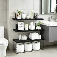 Repisas Flotantes Modernas Estantes Madera Dormitorio Baño - Negro - Ver 3