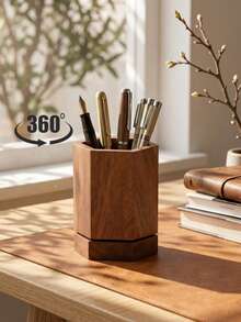LEEAN 360° Rotatable Walnut Wood Pen Holder, Rotating Desktop Pencil Cup, Multi‑Purpose Wooden Organizer For Pens, Pencils, Makeup Brushes, Office Vanity Desk Storage Decor - 12.2*9cm - View 1