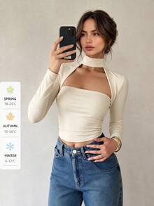 SUNSTORY 女款性感優雅秋季米色掛脖鏤空長袖短版修身上衣，適合約會、派對、返校日、日常穿著 - 米色 - 查看 2