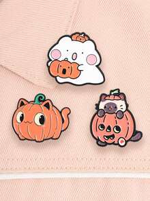 3pcs Cute Halloween Pumpkin Cat Enamel Pins, Cartoon Ghost Badges, Fashion Clothing Backpack Accessories, Halloween Gifts For Friends - Multicolor - View 4