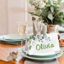 100Pcs Watercolor Olive Leaf Place Cards, Elegant Green Floral Writable Name Cards, Pre‑Scored Easy‑Fold Table Cards For Wedding Baptism Dinner Party, Summer Autumn Harvest Decor, Size 3.54*3.93 Inch - Multicolor - View 6
