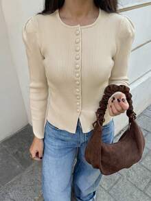 Cardigan Rajut Bergaris Musim Gugur/Dingin Wanita, Lengan Panjang Mengembang, Kerah Bulat dengan Kancing Depan, Gaya Elegan - Aprikot - View 10