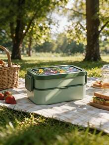 1pc Cartoon Japanese Style Double Layer Compartment Bento Box, Microwave Leak-Proof Sealed Lunch Box With Fork And Spoon, Portable Food Storage Container Suitable For Students, Office Workers And Picnics - Multicolor - View 5