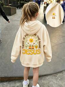 Girls Cute Daisy Print Hooded Zip-Up Sweatshirt, Casual Long Sleeve Jacket, Soft And Comfortable Fabric, Suitable For Autumn/Winter Daily Wear - Apricot - View 1