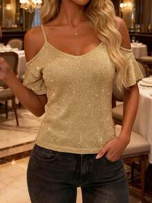 Women's Casual Elegant V-Neck Open Shoulder Short Sleeve Cardigan, Suitable For Beach Parties And Summer Outings - Gold - View 4