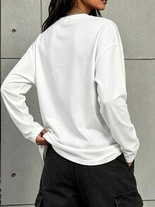 Women's Solid Color Round Neck Long Sleeve T-Shirt, Casual Autumn Regular Fit Top - White - View 6