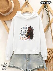 Kids Casual Loose Fit Hoodie With Horse Print & Colorful Letter Graphic, Breathable Long Sleeve Pullover For Spring Autumn Daily Wear & Outdoor Play - White - View 2