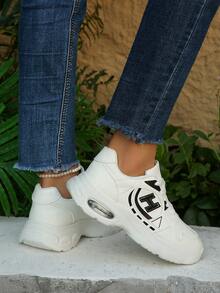 White And Grey Colorblock Striped Air Cushion Thick Sole Chunky Sneakers For Women, Vintage Patchwork Lace-Up Wedge Heel Height-Increasing Athletic Shoes, Lightweight Shock-Absorbing Anti-Slip Casual Shoes For Daily Commute And Campus, Versatile Style - Black - View 7