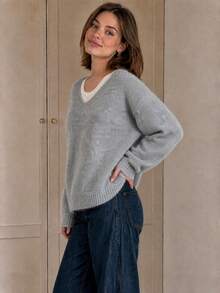 Wixra Women's Contrast V Neck Fuzzy Textured Knit Long Sleeve Loose Pullover Sweater - Light Grey - View 6